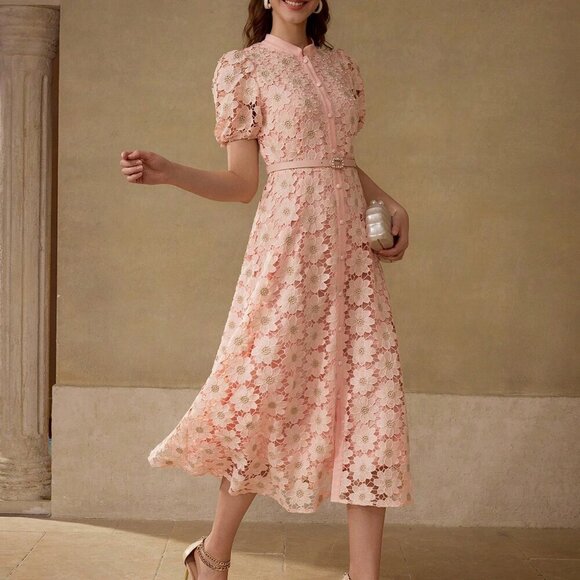 Pink Elegant Women's Floral Embroidered Puff Sleeve Fitted waist dress - Picture 4 of 7